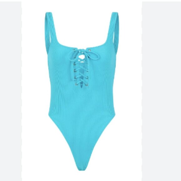 Year of Ours Football Lace Up Swim Rib One Piece Swimsuit Pisces Blue - Picture 2 of 7